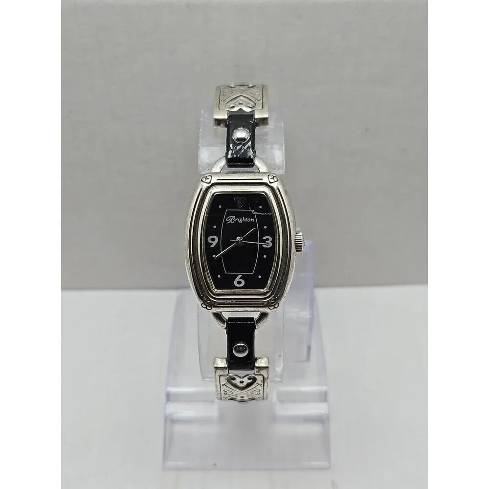 Brighton Bismarck Silver Heart Link Black Dial Womens Watch New Battery Quartz